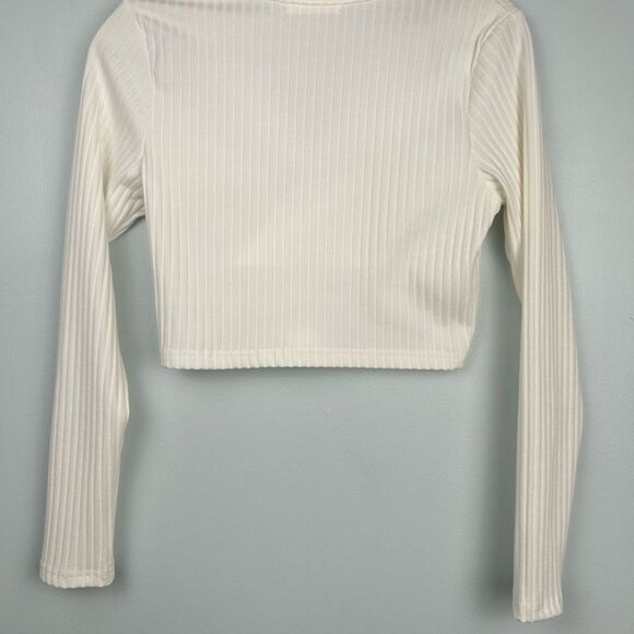 Romwe Ribbed V-Neck Long Sleeve Cropped Faux Wrap Top White Sz 4 - Picture 13 of 13